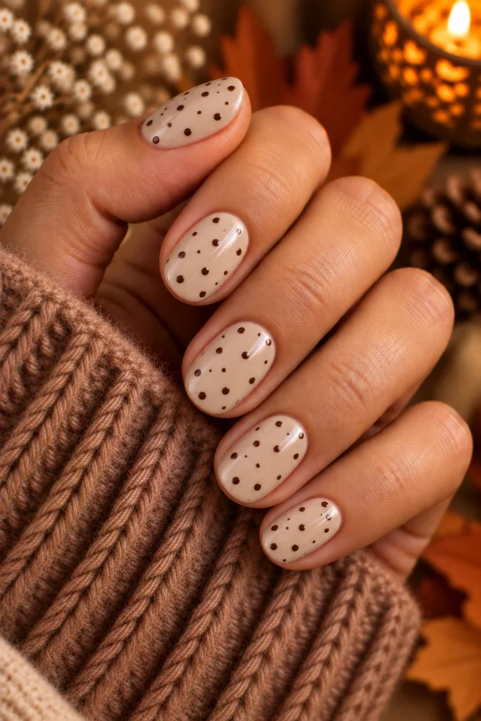 Beige Nails With Brown Polka Dots