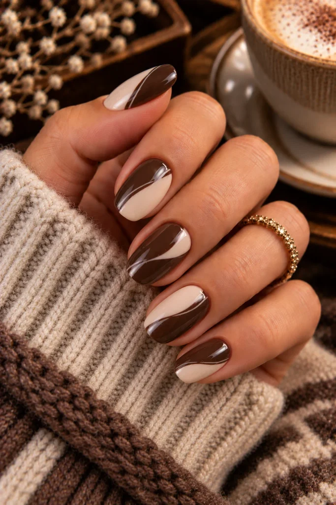 Chocolate and Cream Color Block Nails