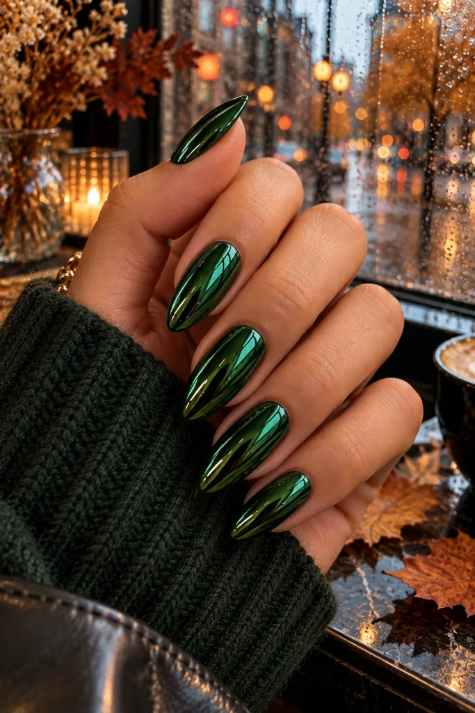 Forest Green Chrome Nails