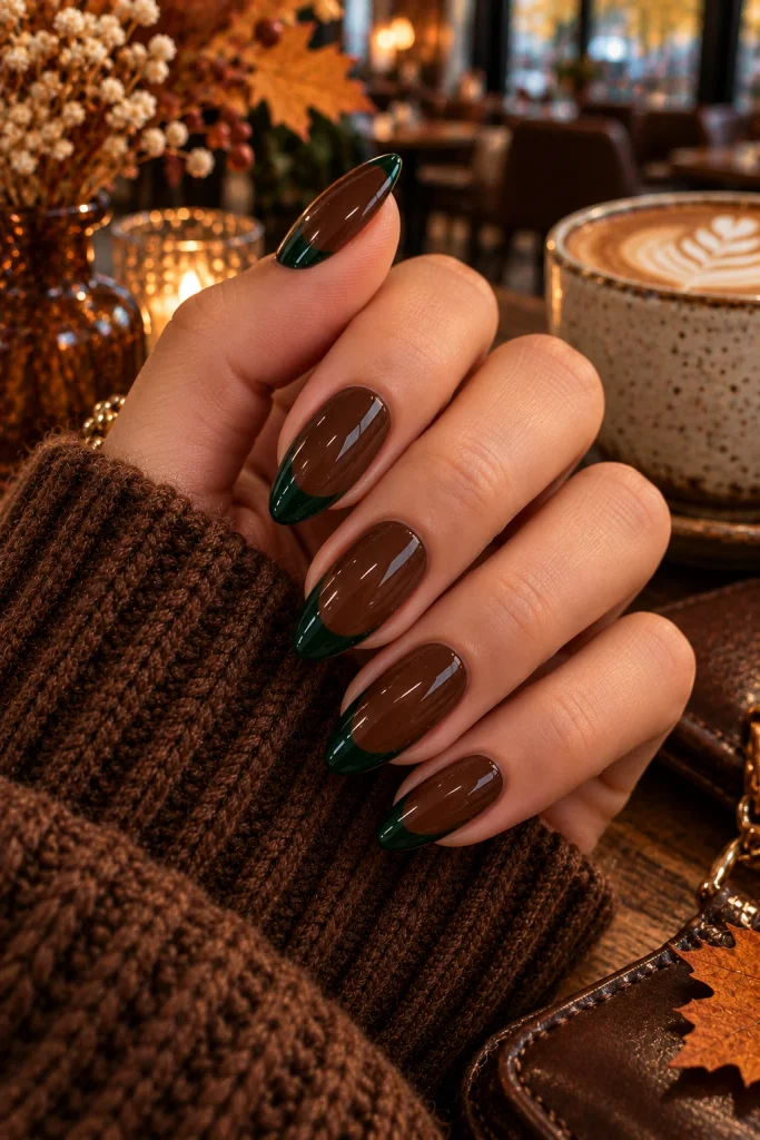 Green French Tip With Chocolate Brown Base