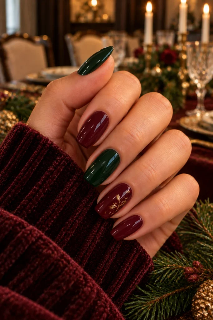 Green and Burgundy Autumn Nails
