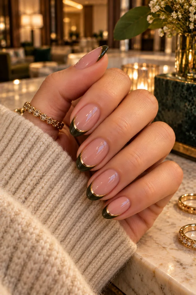 Green and Gold Micro-French Nails