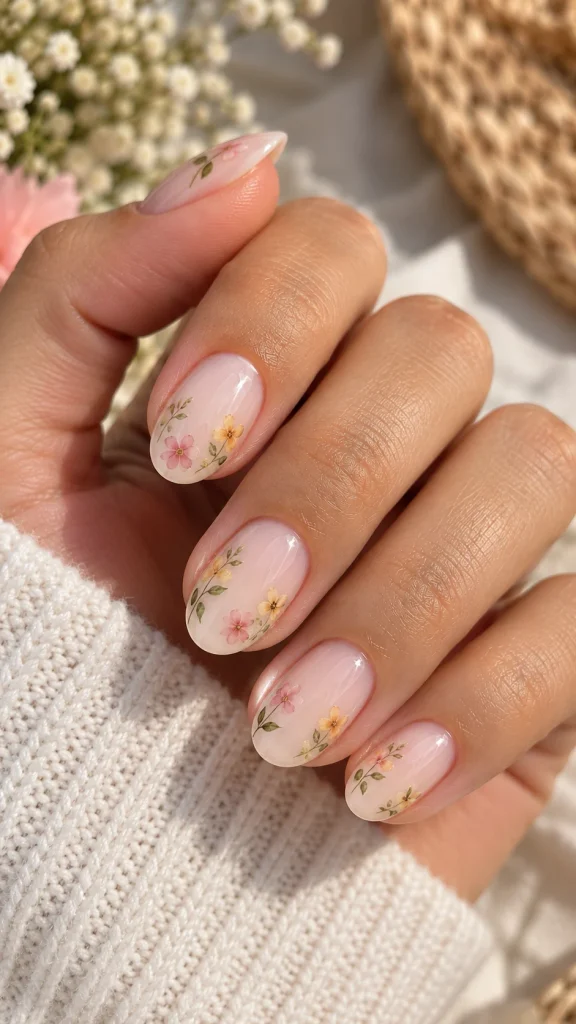 Milky White Nails With Tiny Florals
