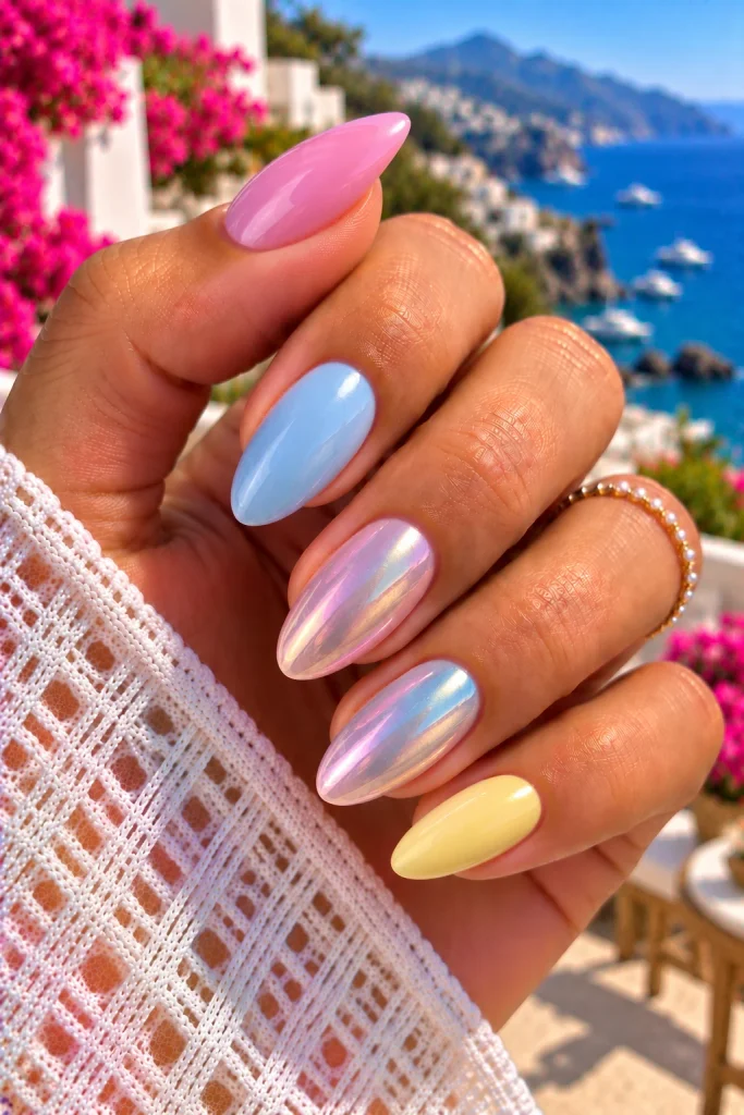 Mixed Pastel and Chrome Accent Nails