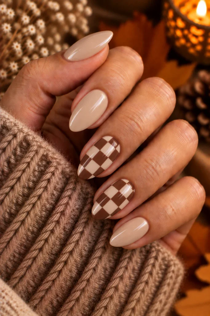 Mocha and Cream Checkerboard Nails