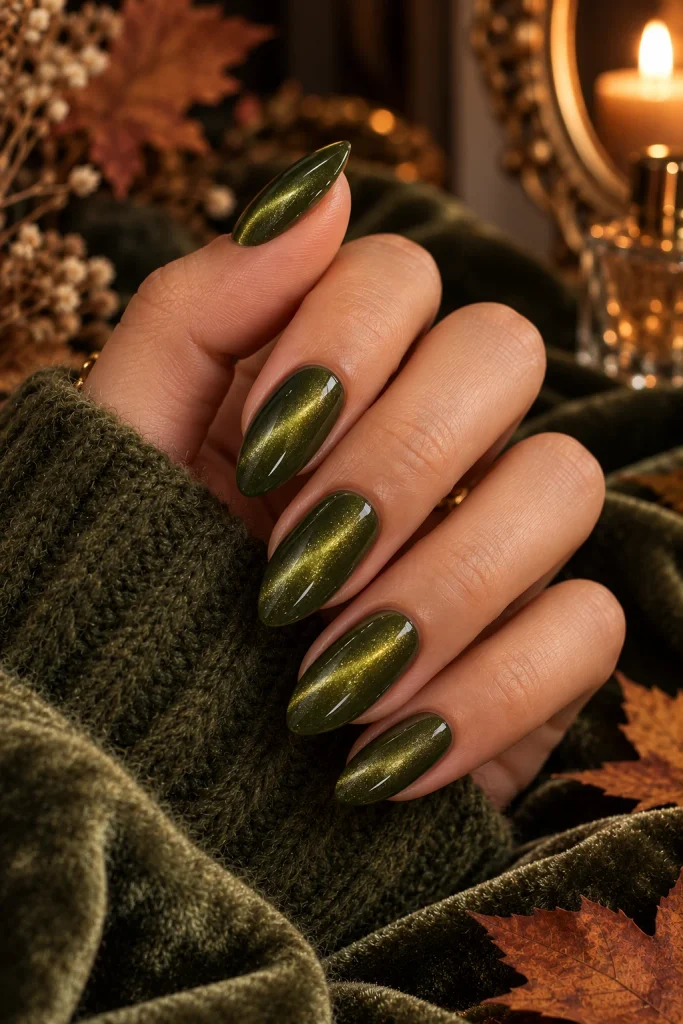 Moss Green Velvet Cat-Eye Nails
