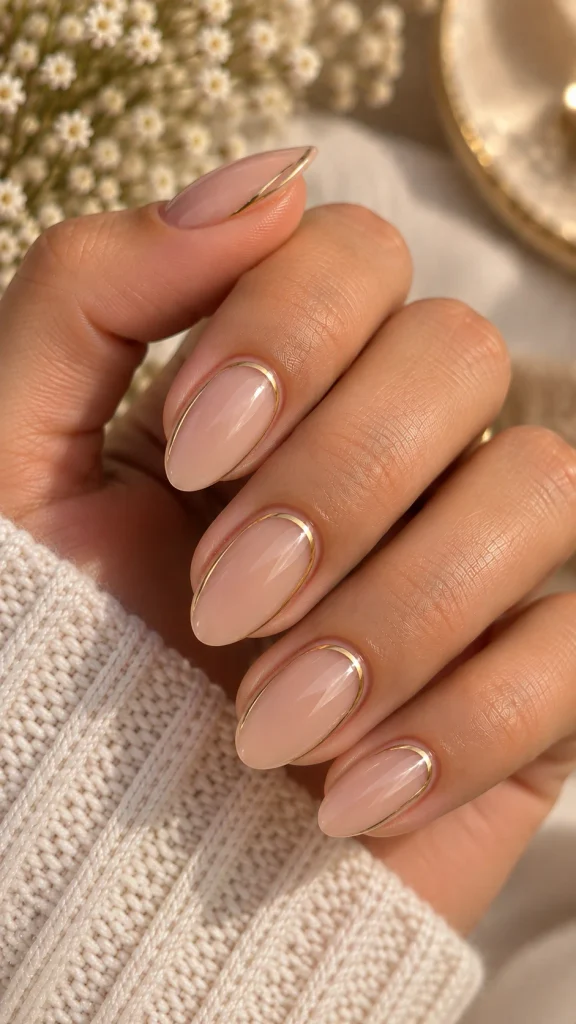 Nude Nails With Metallic Gold Details
