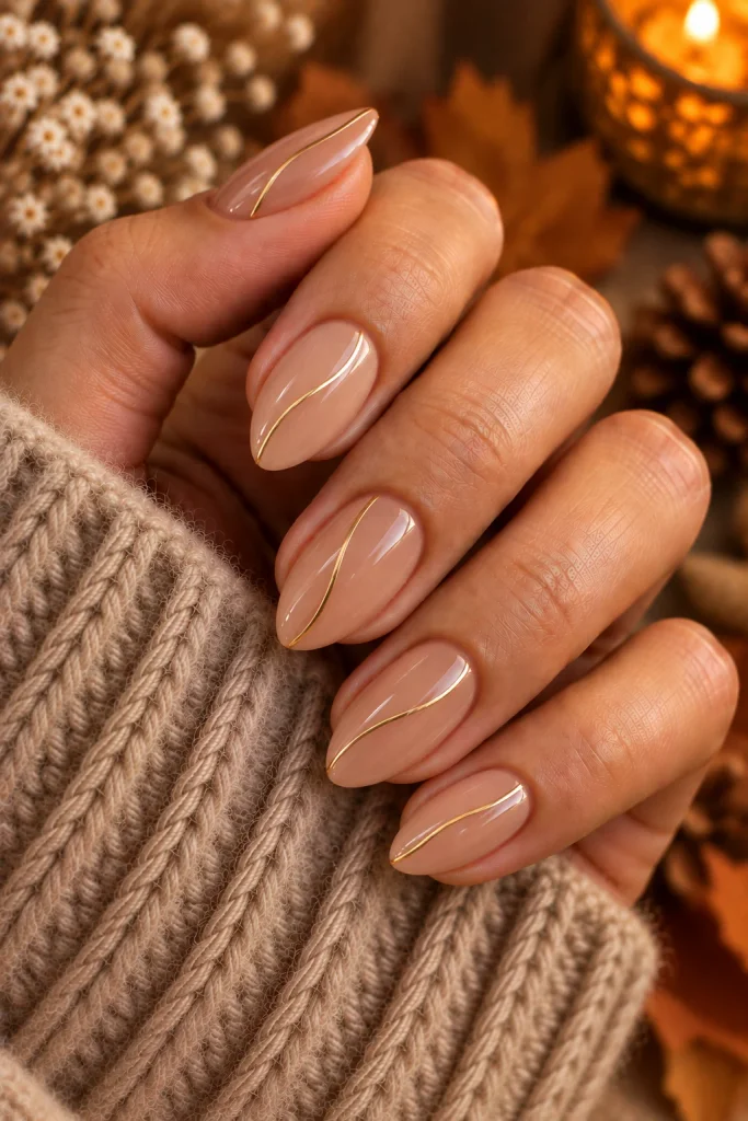 Nude Nails With Tiny Gold Lines