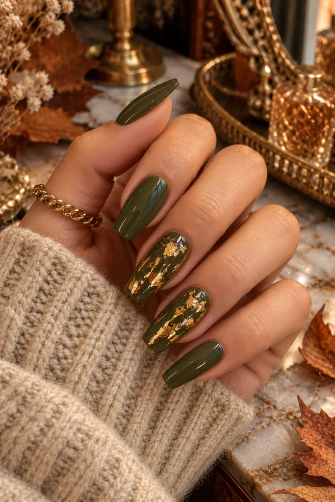 Olive Green and Gold Leaf Nails