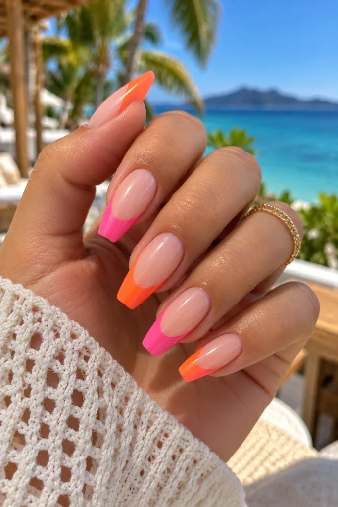 Pink and Orange Sunset French Nails