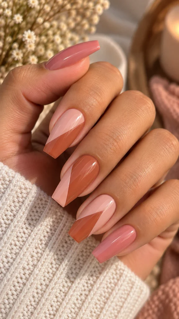 Pink and Terracotta Color Block Nails