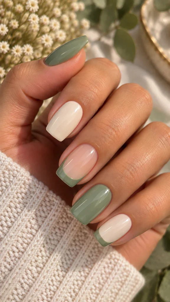 Sage Green and Cream Nails