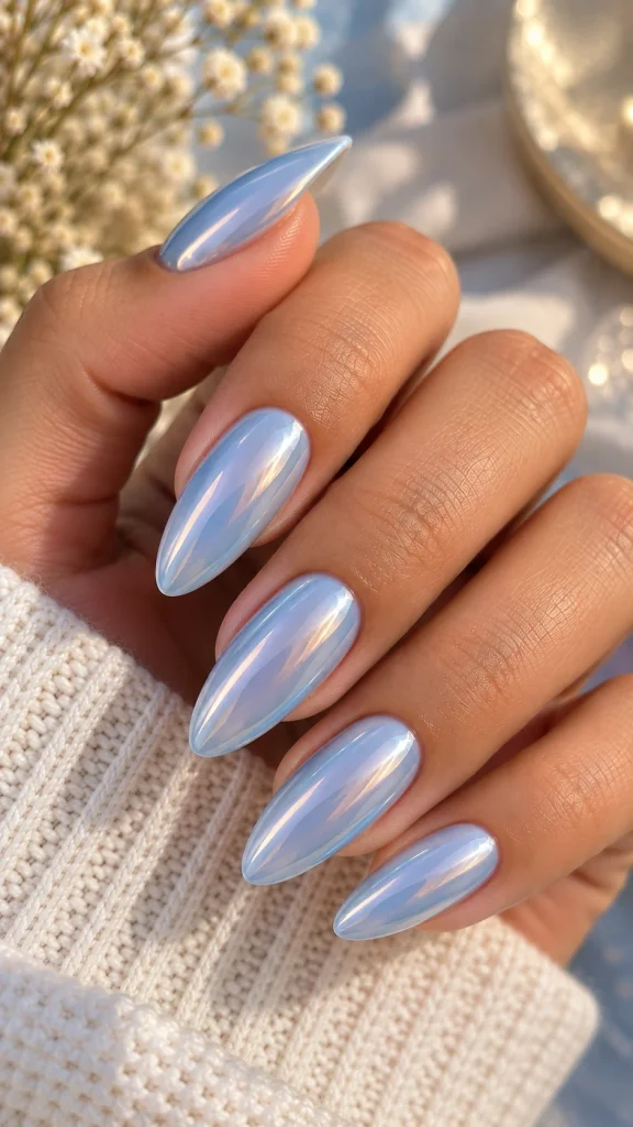 Soft Blue Chrome Nails