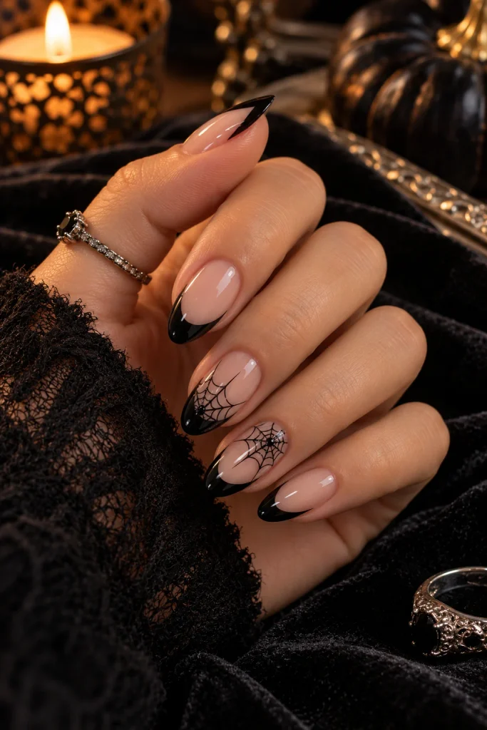 Black French Tips With Tiny Spiderwebs