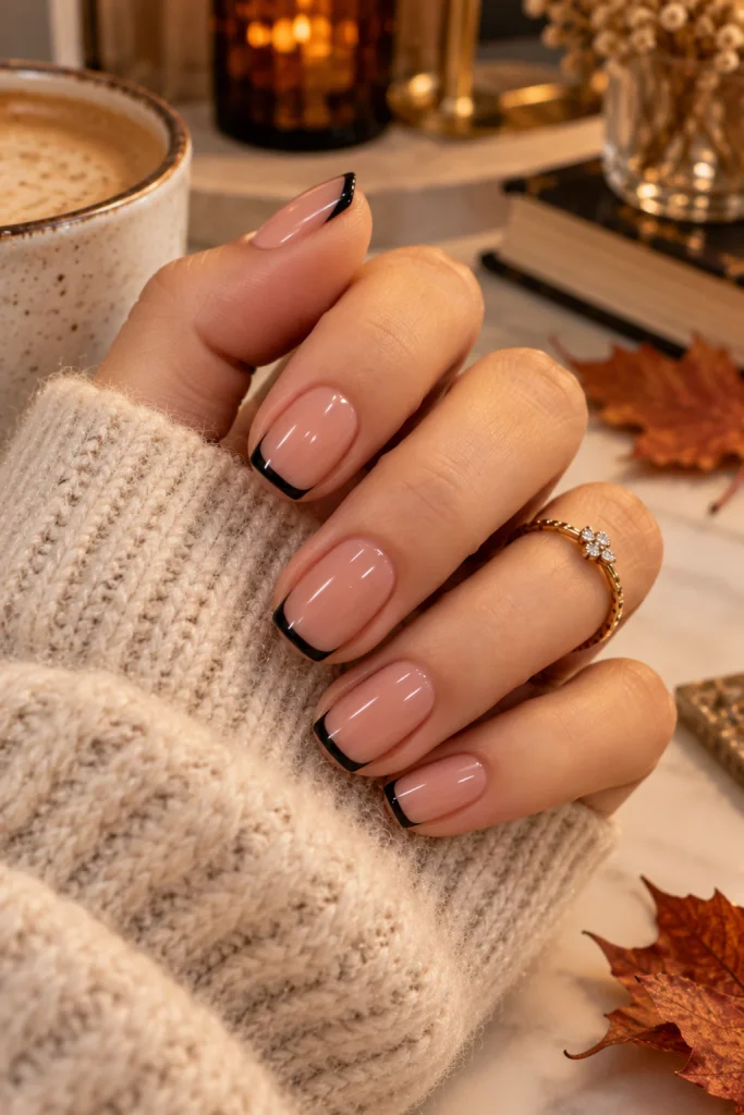 Black French Tips on a Nude Base