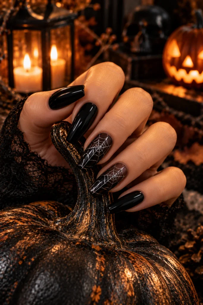 Black Spiderweb Halloween Nails