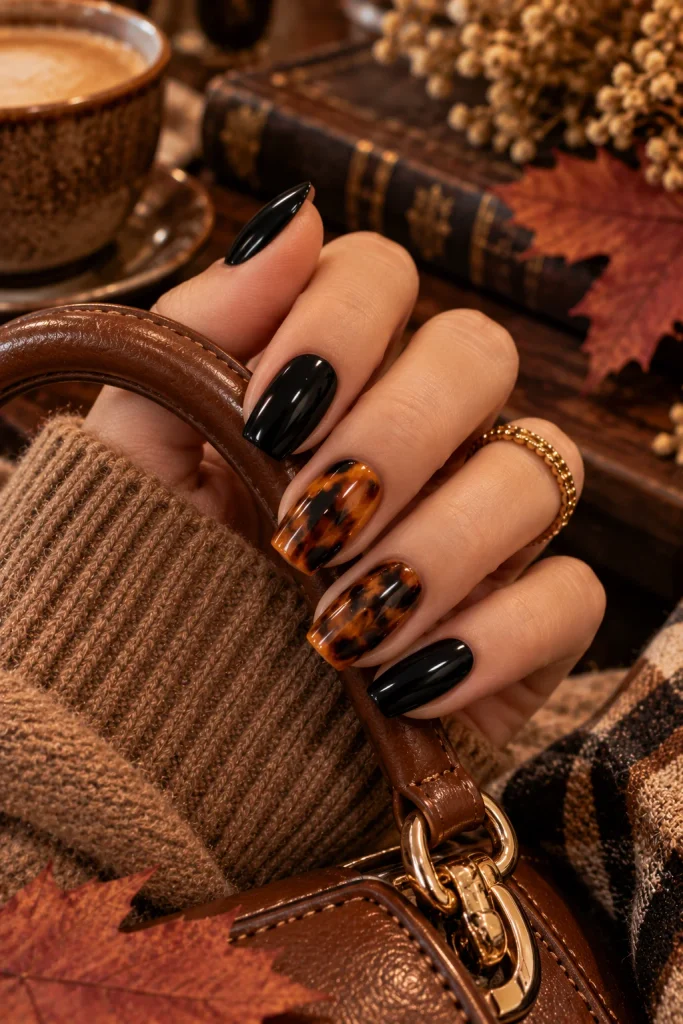 Black Tortoiseshell Accent Nails