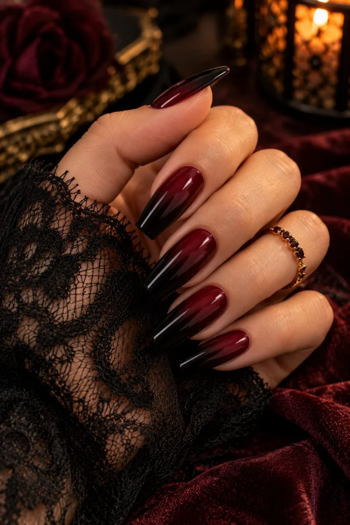 Black and Burgundy Ombre Nails