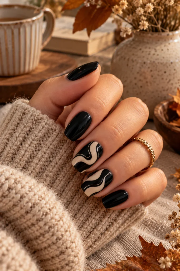 Black and Cream Abstract Nails