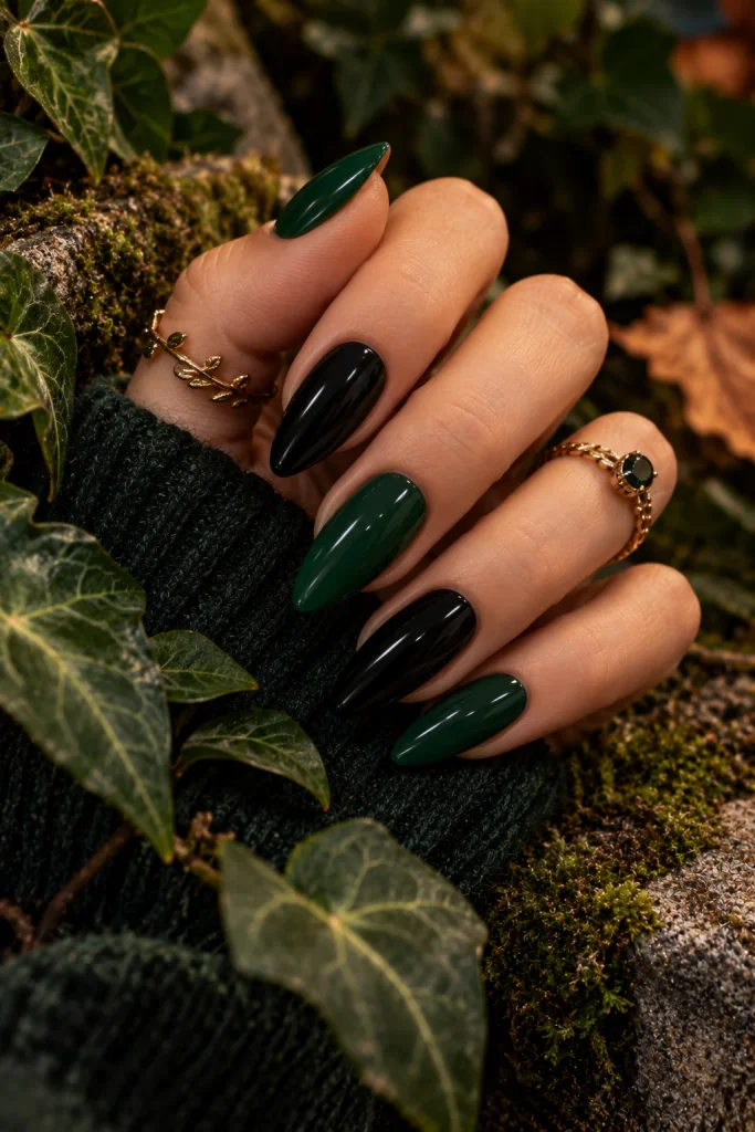 Black and Forest Green Nails