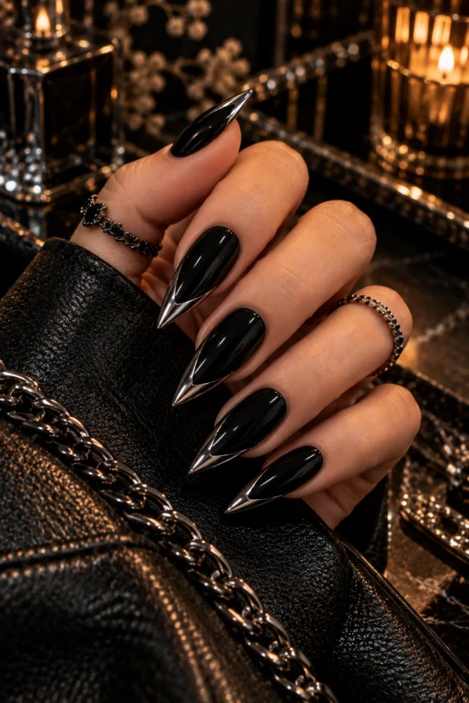 Black and Silver Chrome Nails