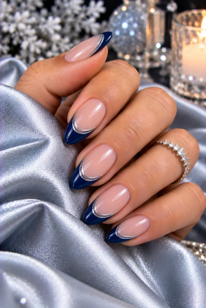 Blue French Tips With Silver Line Art