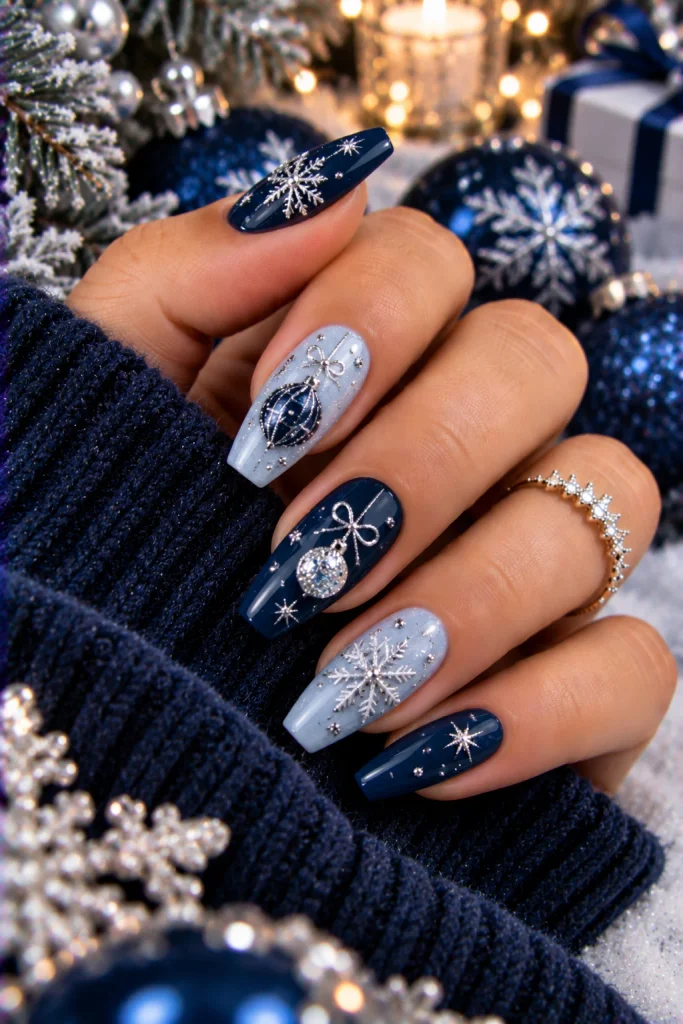 Blue Holiday Ornament Nails