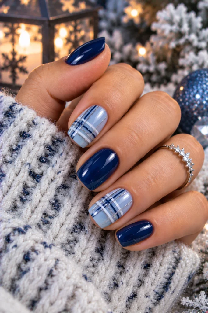 Blue Plaid Winter Nails