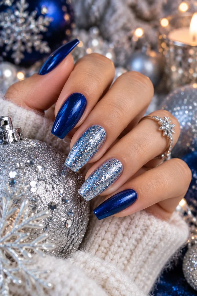 Blue and Silver Glitter Nails