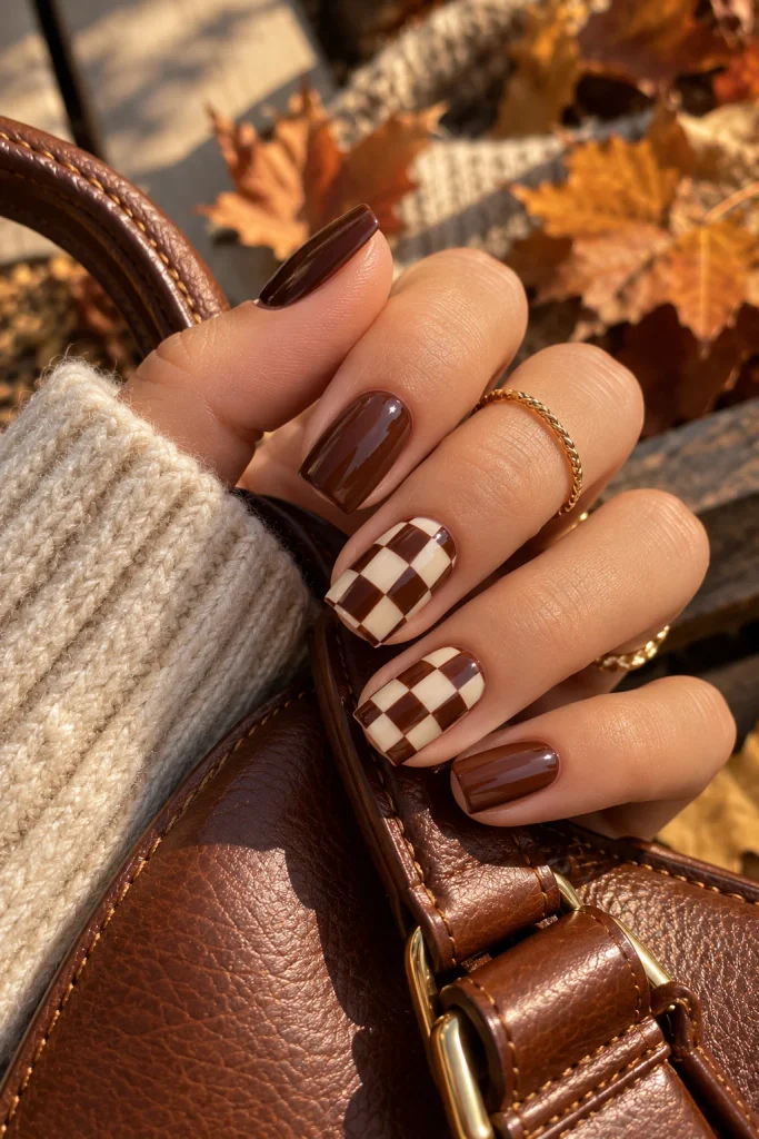 Brown and Cream Checkerboard Nails