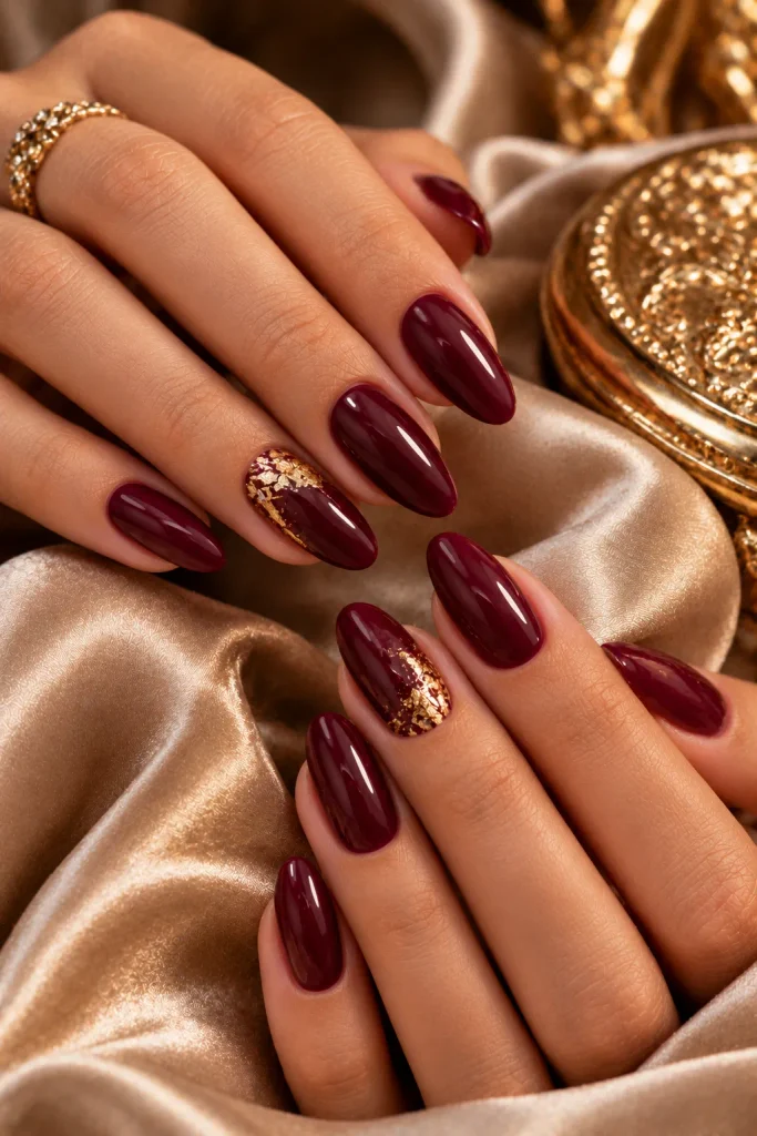 Burgundy and Gold Leaf Nails