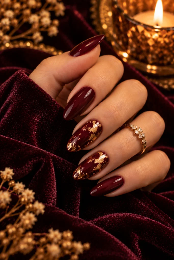 Burgundy and Gold October Nails