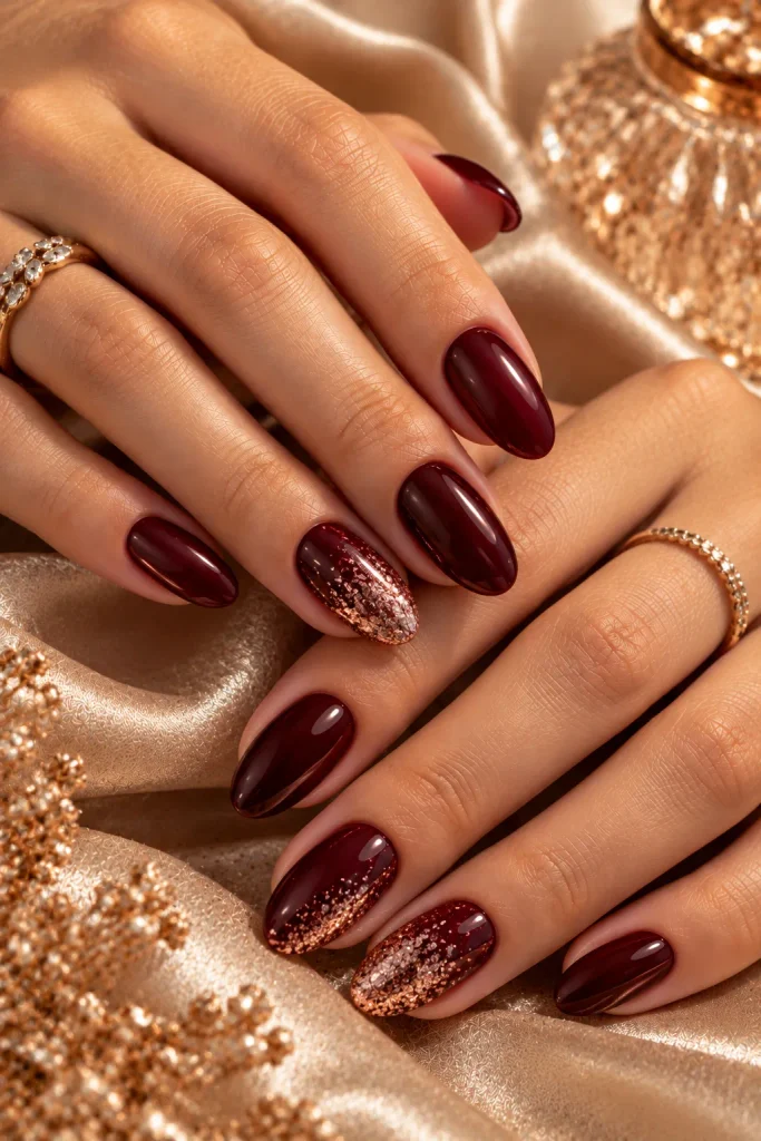 Burgundy and Rose Gold Glitter Nails