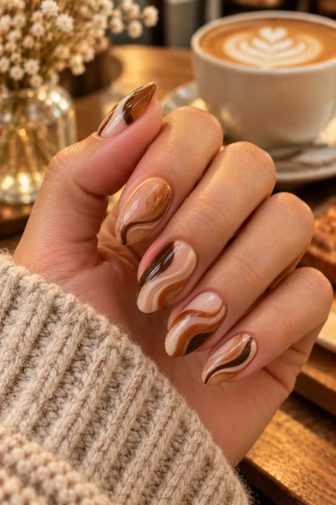 Caramel Latte Swirl Nails