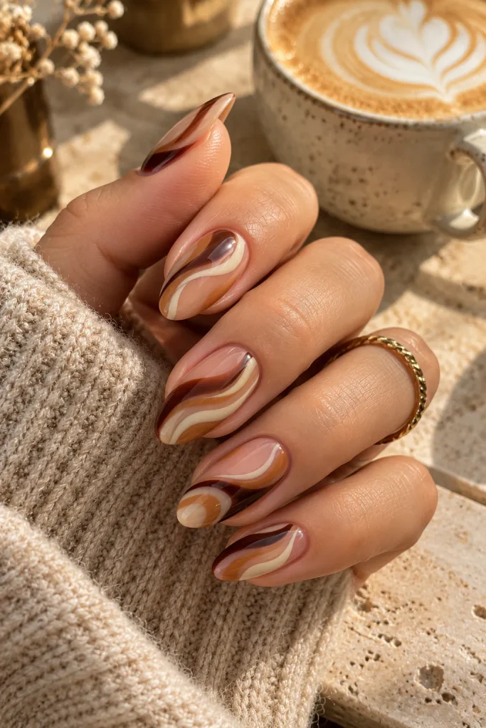 Caramel and Latte Swirl Nails