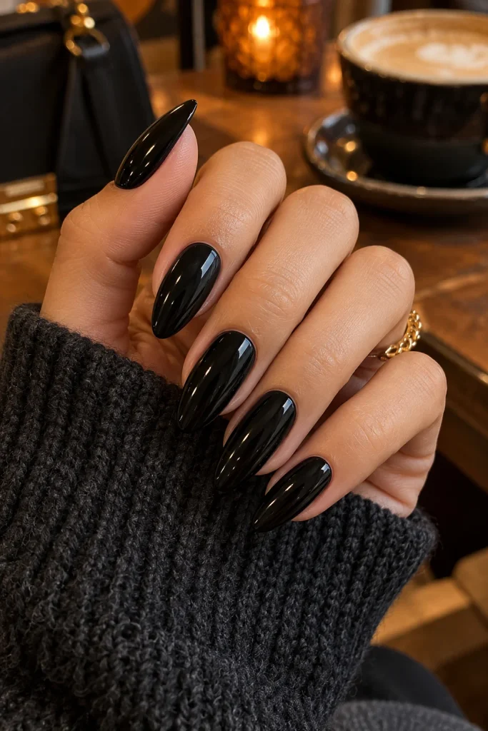 Classic Glossy Black Almond Nails