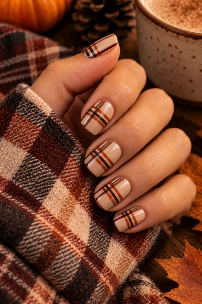 Cozy Brown Plaid Nails
