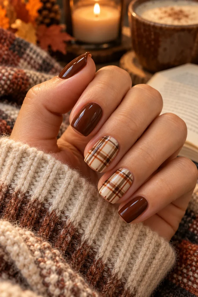 Cozy Brown and Cream Plaid Nails