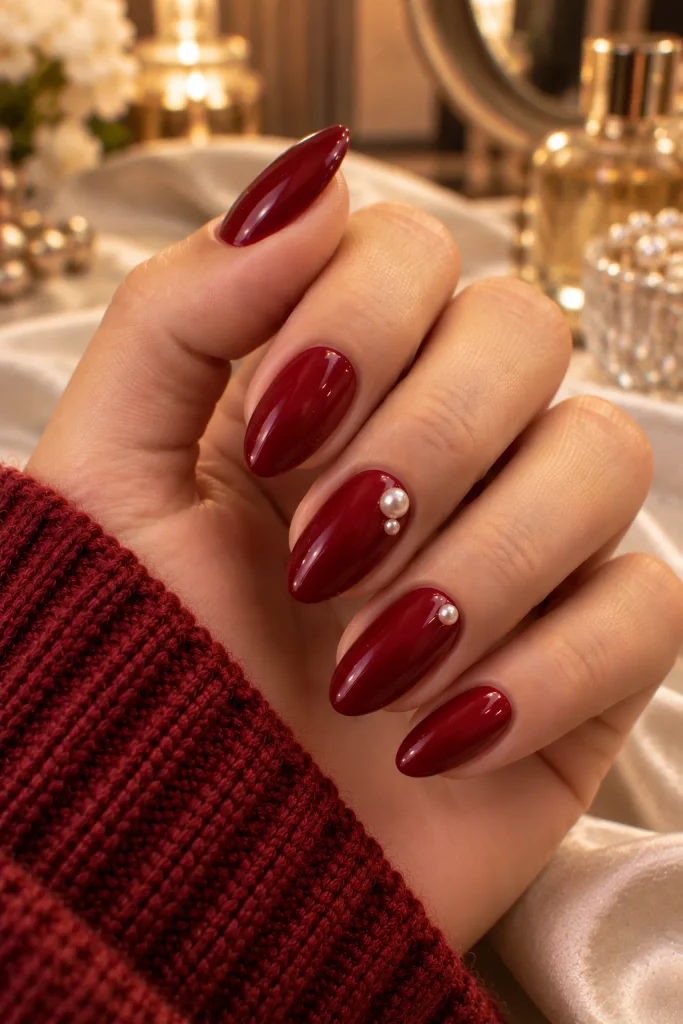 Cranberry Nails With Pearl Accents
