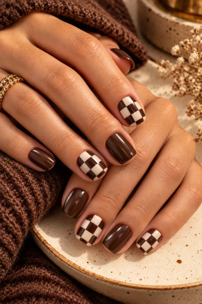 Cream and Brown Checkerboard Nails