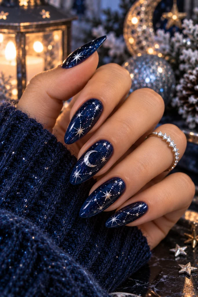 Dark Blue and Silver Star Nails