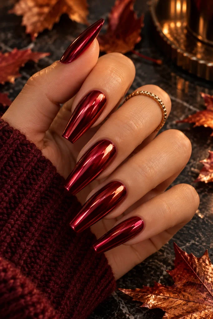 Dark Red Chrome Nails