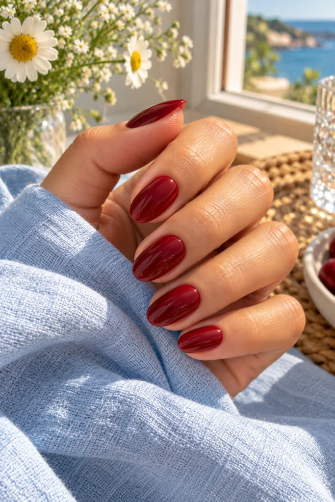 Deep Red Summer Nails With a Glossy Finish
