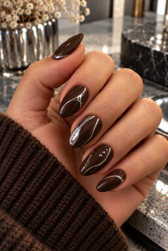 Espresso Nails With Silver Chrome Accents
