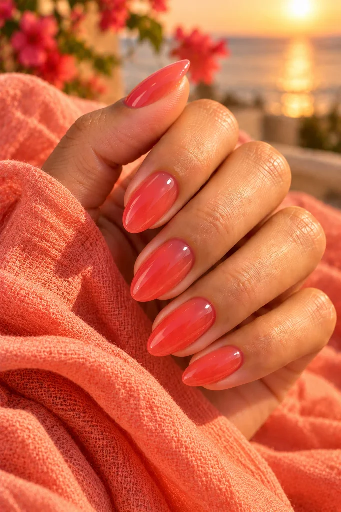Glossy Coral-Red Jelly Nails