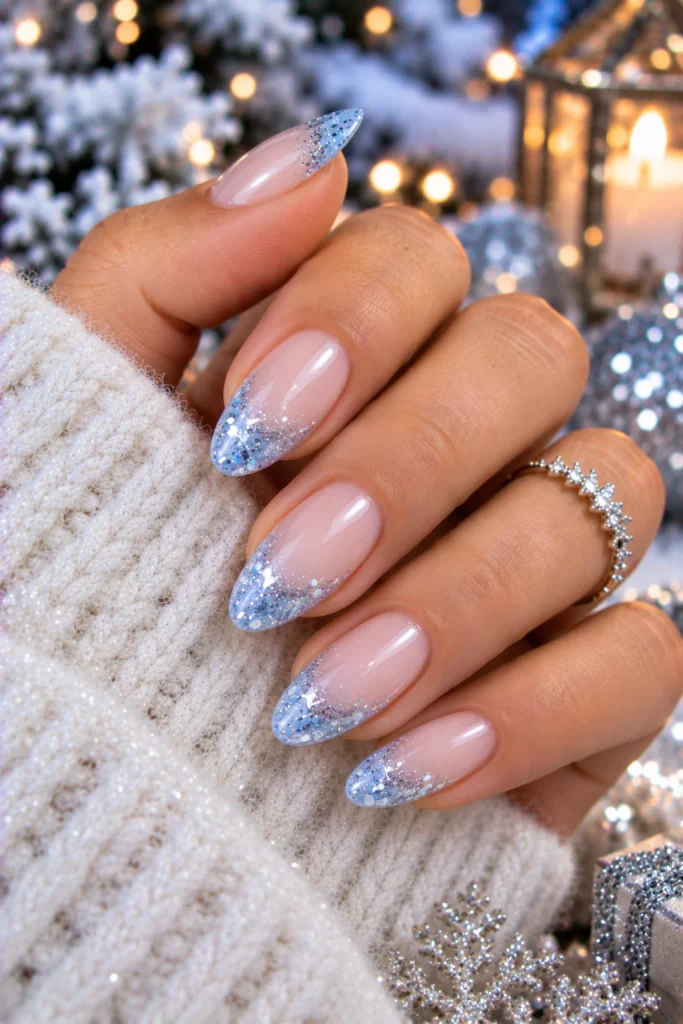 Icy Blue Glitter French Tips