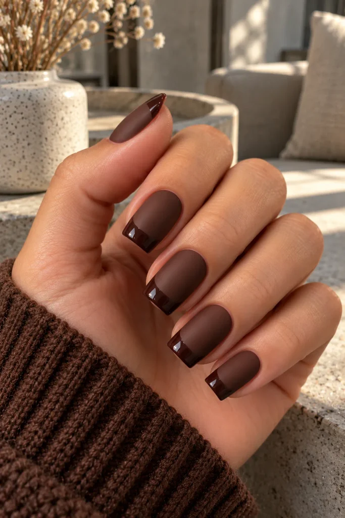 Matte Chocolate Nails With Glossy Tips