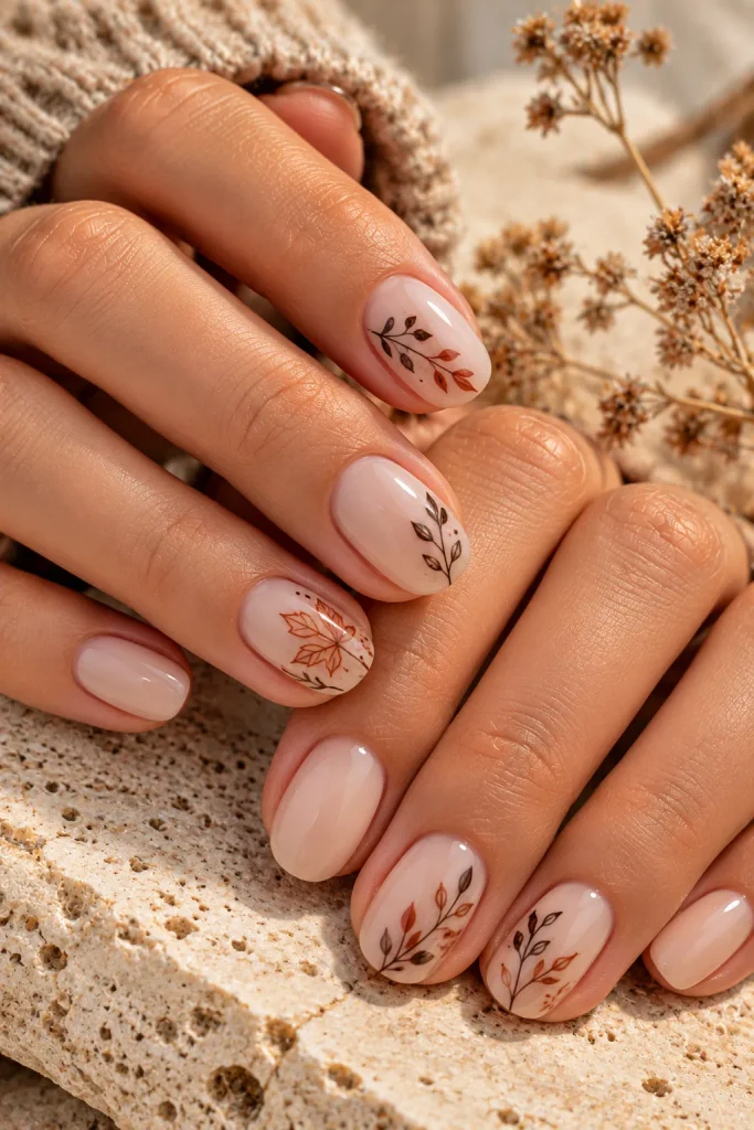 Milky Nude Nails with Tiny Leaves