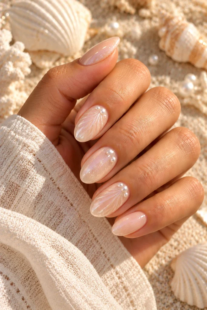 Minimal Shell-Inspired Pearl Nails