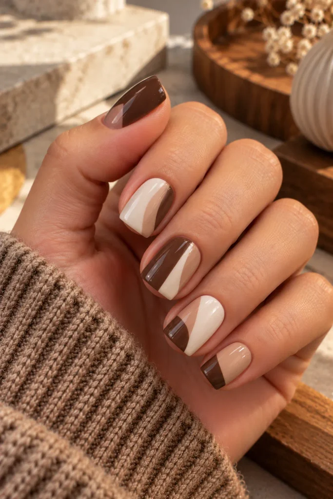 Mocha and Milky White Color-Block Nails
